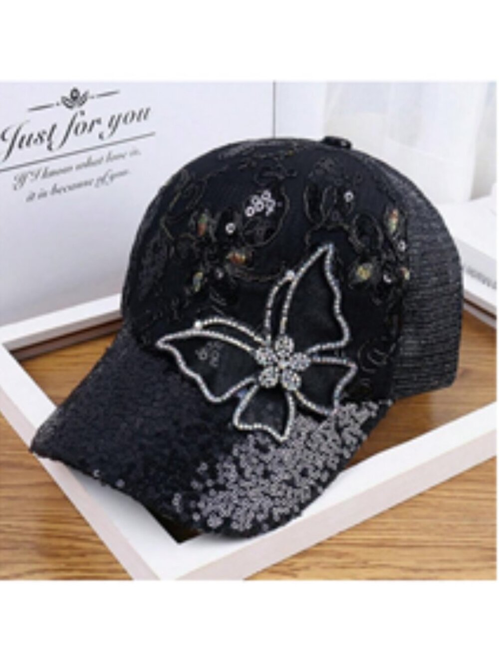 NEW!! Elegant Adjustable Rhinestone Butterfly Mesh Baseball Cap with Sequins